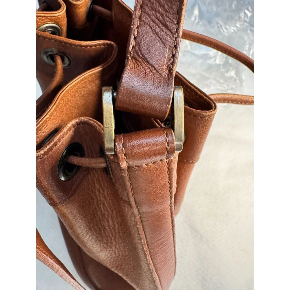 BURBERRYS Brown Leather Drawstring Bucket Bag COA Nova Check Haystack Lining VTG - Picture 9 of 14